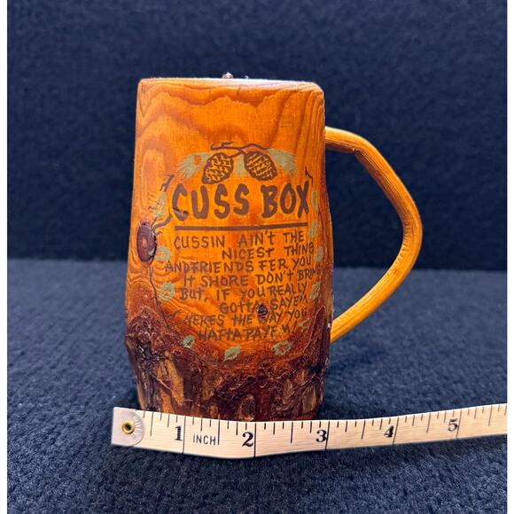 Vintage “Cuss Box” Wooden Mug – Rustic Folk Art Gag Gift / Swear Jar Humor 1970s - Picture 1 of 6
